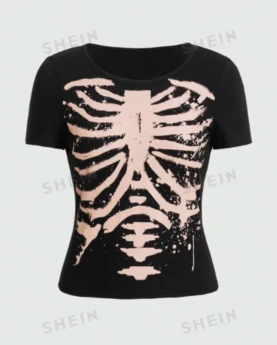 ROMWE Grunge Punk Summer Fashion Skull Print Short Sleeve T-Shirt, School