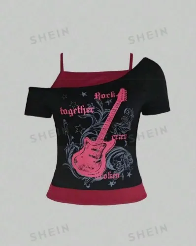ROMWE Grunge Punk Women's Grunge Guitar Print Graphic Rock Music Festival Colorblock Drop Shoulder T-Shirt