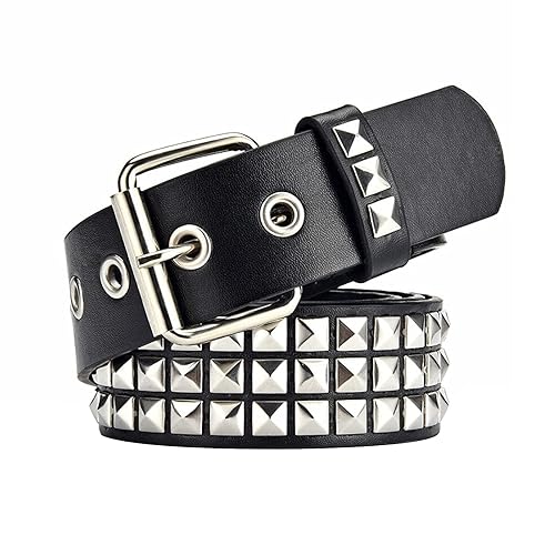 SNCEAW Studded Belt, Metal Punk Rock Rivet Belt with Bright Pyramid Studded for Women Men - Black