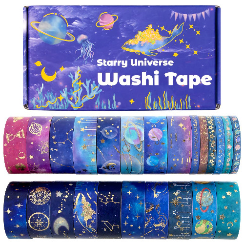 24 Rolls Washi Tape Set - Gold Foil Galaxy Decorative Masking Tape Constellation, Stars, Celestial, Adhesive Tape for Bullet Journal, Diy Craft, Scrapbooking Supplies, Gift Wrapping, Party decoration - 
