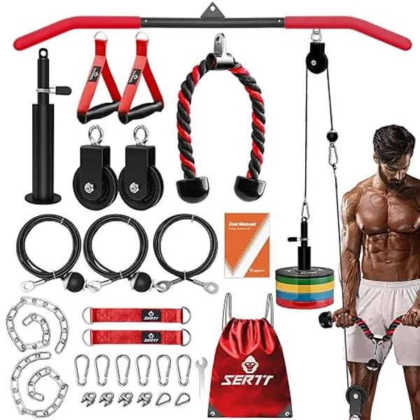 SERTT Home Gym Pulley System, Tricep Workout Pulley System for LAT Pulldown, Biceps Curl, Triceps, Shoulders, Back, Forearm Workout, Weight Cable Pulley System for Squat Rack, Garage