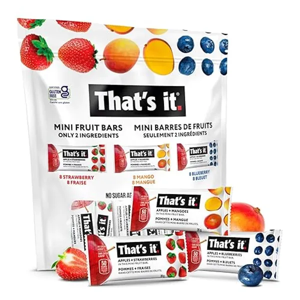 That's it. Mini Fruit Bars Variety (24 Pack) No Sugar Added, Plant-Based, Vegan & Gluten Free, Breakfast Bar, Paleo, for Children & Adults, Non GMO, Fiber (8 Blueberry, 8 Strawberry, 8 Mango)