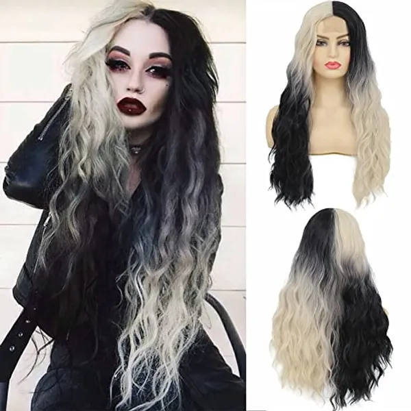 Swiking White Ombre Black Lace Front Wigs for Women Long Curly Wave Natural Synthetic Hair Heat Resistant Wig for Daily Party Cosplay Halloween Use