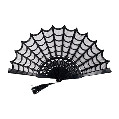 kreepsville 666 Spiderweb Lace Gothic Fabric Hand Fan with Tassel, One Size, Black
