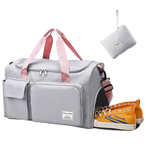 Aedcbaide Travel Bag for Women Men,Waterproof Gym Bag with Shoe Compartment,Lightweight Foldable Duffel Bag,Storage Bag,Dry and Wet Organiser Bag,Large Weekend Bag for Sport Travel (Grey + Pink) - Grey + Pink
