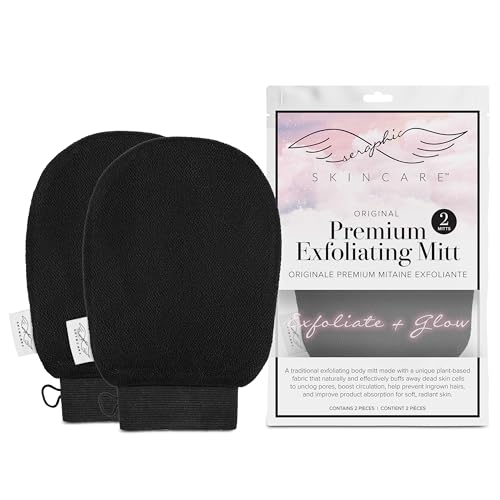 Seraphic Skincare (Original) Premium Exfoliating Mitt for Body (2pc) – 100% Vegan Viscose Traditional Body Scrub Glove Kessa Korean Washcloth – Body Exfoliator for Self-Tan Removal & Keratosis Pilaris - 2 Piece