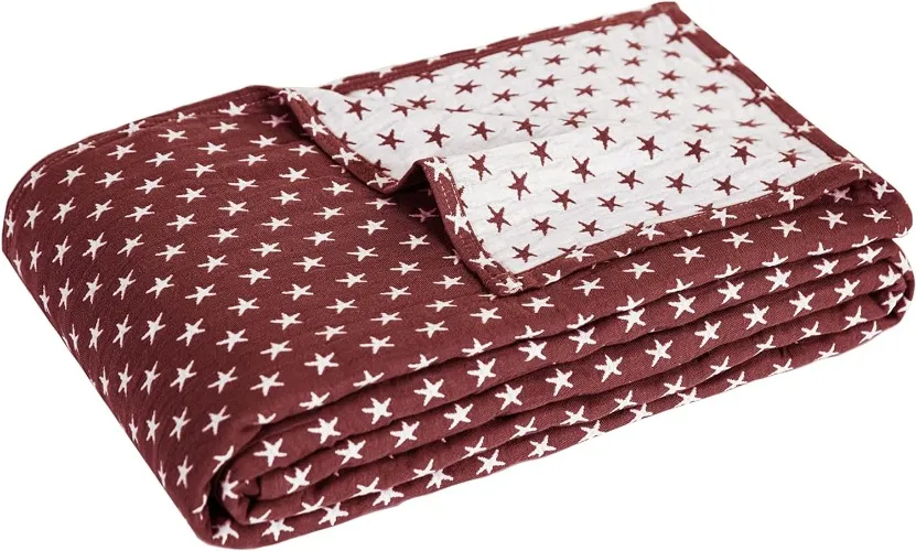Sterling Creek Dawson Star Muslin Cotton Blanket Three Layers Lightweight Breathable Gauzy Blanket for Adults, All Season (King, Red) - King - Red