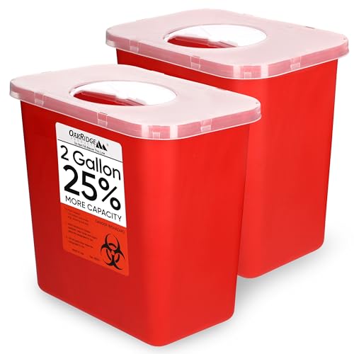 Oakridge Products Large Sharps Container for Home Use and Professional 2 Gallon (2-Pack) with Rotating lid, Biohazard Needle and Syringe Disposal, CDC Certified - 2