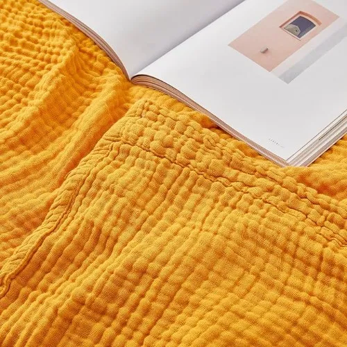 EMME Cotton Throw Blanket 100% Muslin Soft Blanket for Couch 4-Layer Breathable Gauze Blanket All Season Soft and Lightweight Pre-Washed Cotton Blanket (Light Tan, 55"x75") - 6-Layer Mustard Yellow