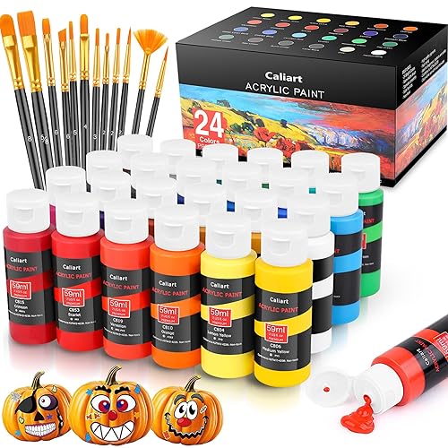 Caliart 24 Colors Acrylic Paint Set With 12 Brushes, Easter Basket Stuffers for Teens, Art Craft Paints Gifts Trendy Stuff for Artists Kids Teen, Canvas Ceramic Rock Eggs Painting Kit Art Supplies - Multicolor