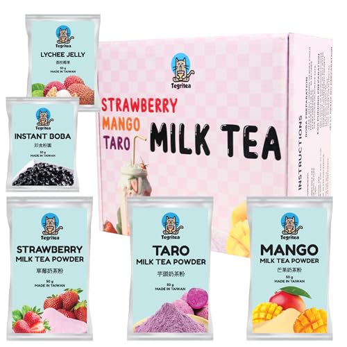 Best Bubble Tea DIY Kit | Ready in 1 Minute | 500ml Per Serving (Strawberry | Mango | Taro, 9 Servings) - Strawberry | Mango | Taro (Boba & Jelly Toppings) - 9 Count (Pack of 1)