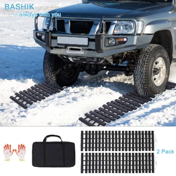 BASHIK Portable Recovery Traction Mat Tracks for Car/Truck in Mud, Snow, Ice，Sand Emergency Strong Grasping Strength W:10.6” X L:39.5” 2 Gloves and 1 Bag Attached (2 Pack)