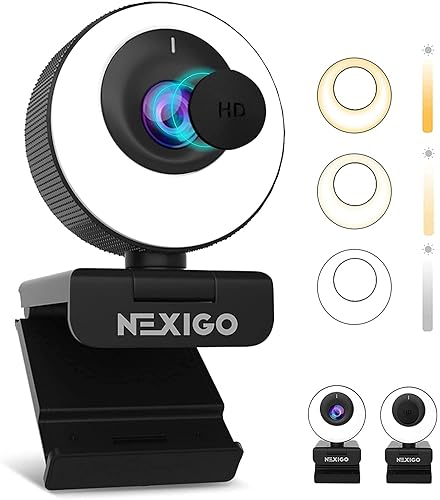 NexiGo N620E Webcam with Light, 1080P 60FPS AutoFocus, ePTZ 2X Digital Zoom, Plug and Play, [Software Included], FHD Streaming Web Camera, Dual Stereo Mics, for Zoom Skype Teams, PC Mac Laptop Desktop - Webcam with Light