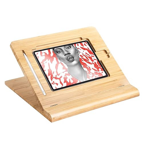 ELETIUO Tablet Desktop Stand Height Adjustable,Foldable Bamboo Drawing Ipad Holder,Multi-Angle Portable Stand Organizer,Compatible with 12.9 inch ipad pro 3rd/4th Gen - B