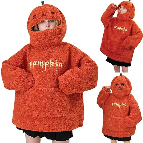 Jybuyye Women Halloween Sweatshirt Cute Spooky Pumpkin Hoodie Funny Fuzzy Fleece Full Zip Pumpkin Face Sweatshirt with Pocket - A-orange - XX-Large