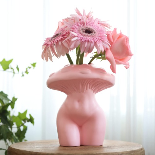 GUGUGO Mushroom Lady Body Vase for Flower, Funky Mushroom Decor, Eclectic Female Form Butt Vases for Flowers, Unique Decorative Face Head Vase, Cute Room Decor Aesthetic for Modern Home, Pink - Mushroom Lady - Pink