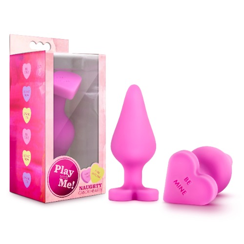 Play with Me - Naughty Candy Heart - Be Mine - Smooth Satin Finish Heart Shaped Bottom Anal Butt Plug - Platinum Silicone - Sex Toy for Men and Women (Pink)