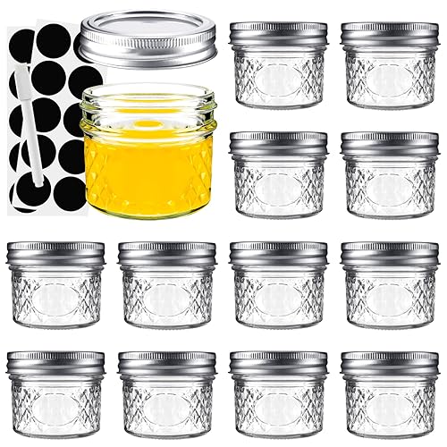 Tarana Mini tarros de cristal transparente de 120ml con tapa, tarros de cristal pequeños de Mason Jars adecuados para el almacenamiento de alimentos, mermelada, especias, velas, miel (12 unidades) - 4oz