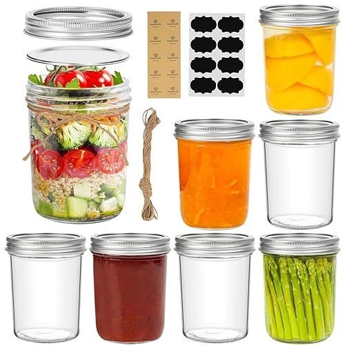 ComSaf Mini Mason Jars de 16 onzas, paquete de 8, tarros de boca ancha con tapas y bandas de sellado, tarro de conservas de vidrio pequeño para especias, mermelada, miel, gelatina, postre, recuerdos - Mason Jar/16oz/500ml/8pcs