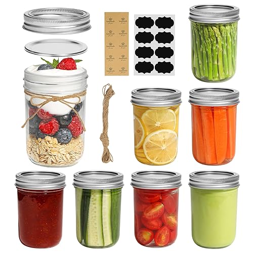 ComSaf Mason - Tarros con tapas regulares de metal hermético, juego de 8 unidades, 8 onzas - Mason Jar/8oz/250ml/8pcs