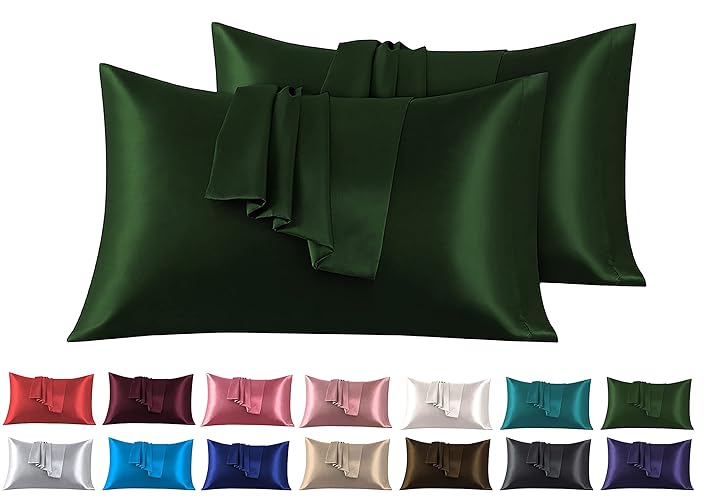 Funda de Almohada Satén 45 x 70 cm, Paquete de 2 Fundas de Almohadas Saten Pelo Rizado Súper Suaves, Fundas con Cierre de sobre, Protege Cabello y Piel, Verde - Verde - 45 x 70 cm