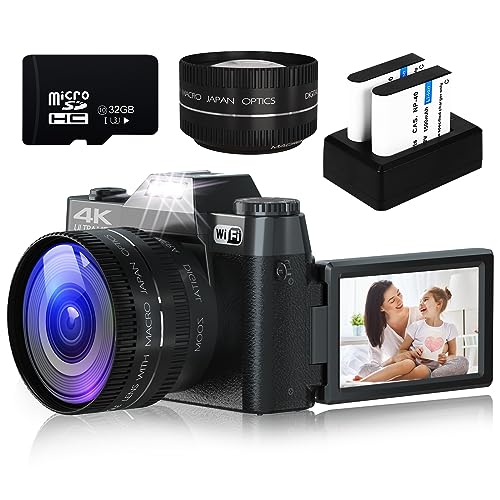 Digital Camera for Photography, 4K 48MP Vlogging Camera for YouTube with WiFi, 3-inch 180-degree Flip Screen, 16X Digital Zoom, 52mm Wide Angle & Macro Lens, 32GB TF Card and 2 Batteries(Purple) - Black