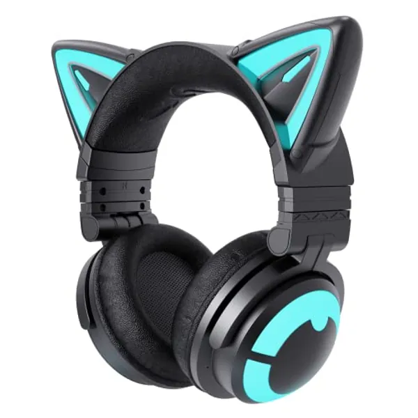 YOWU RGB Cat Ear Headphone 3G Wireless 5.0 Foldable Gaming Headset with 7.1 Surround Sound, Built-in Mic & Customizable Lighting and Effect via APP, Type-C Charging Audio Cable-Black