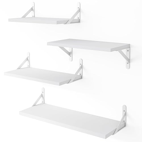 YGEOMER Floating Shelves for Wall, White Wall Shelves Different Sizes, Wall Mounted Wood Shelf for Living Room, Bathroom, Bedroom, Kitchen, Home Decor (Set of 4) - White and White Bracket