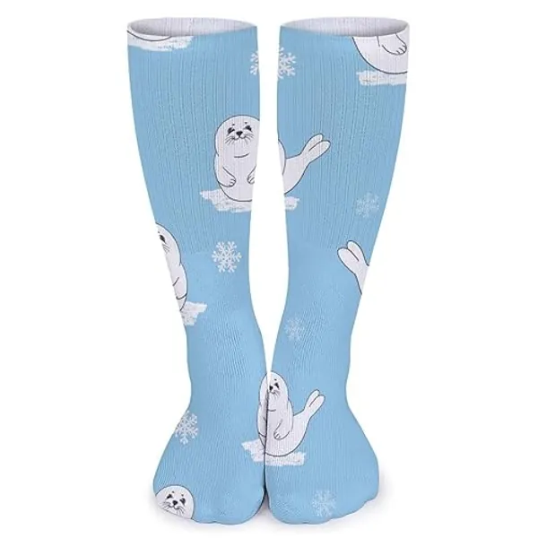 Cute Cartoon Seal Pup Compression Socks Breathable Knee Thigh High Stockings Printed Mesh Sock for Women Men