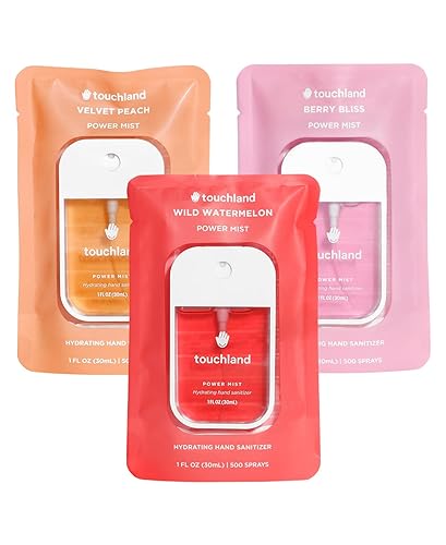 Touchland Power Mist Hydrating Hand Sanitizer Spray, JUICY 3-Pack (Watermelon, Peach, Berry), 500-Sprays each, 1Fl Oz Travel Size (Set of 3) - Juicy 3-Pack