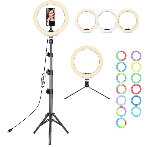 Sondiko 10" RGB Selfie Ring Light, 32 Colors Ring Lights with Tripod Stand & Cell Phone Holder for Live Stream/Make Up/YouTube/TikTok/Photography/Video Recording Compatible with iPhone & Android Phone - Selfie Ring Light 1 1
