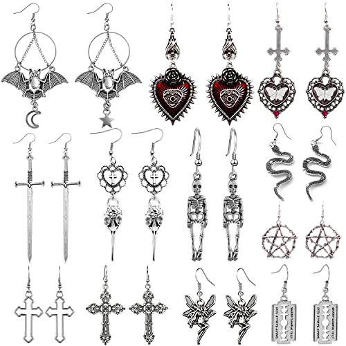 COGU 12 Pairs Gothic Punk Vintage Earrings Set Grunge Goth Punk Rock Harajuku Emo Jewelry Silver Bat Cross Snake Pentagram Sword Razor Blade Skeleton Raven Skull Evil Eye Vampire Death Halloween Earrings for Women Girls with Delicate Gift Box - Vintage