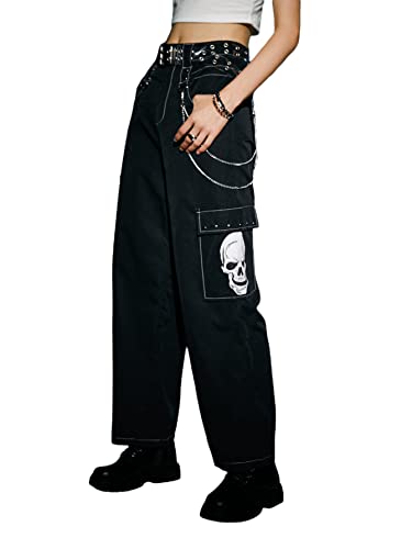 WDIRARA Women's Skull Graphic Print Chain Straps Cargo Pants Pocket Pants - XX-Large - Black