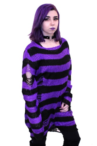 Purple/Black Striped Distressed Sweater