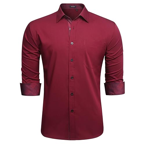 HISDERN Men's Dress Shirts Long Sleeve Formal Casual Business Shirts for Men Regular Fit Button Down Wedding Party Work Shirt with Pockets - Red