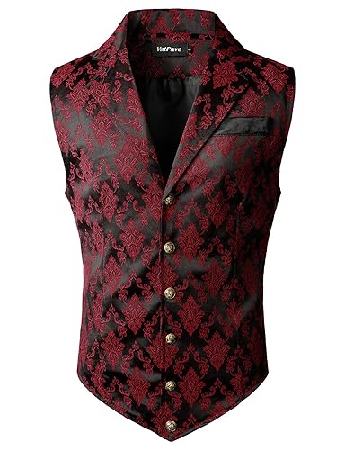 VATPAVE Mens Victorian Suit Vest Steampunk Gothic Waistcoat - XXL - Black Red