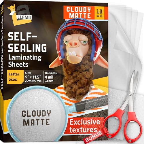 Textured Self Adhesive Laminating Sheets, Cloudy Matte Finish, 9 x 11.5 Inches, 4 Mil Thick, 10 Pack, for Letter Size Self Sealing Lamination Sheets 8.5 x 11, Laminating Pouches - Cloudy Matte