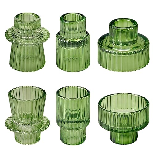 Green Taper Glass Candlestick Holders Set of 6