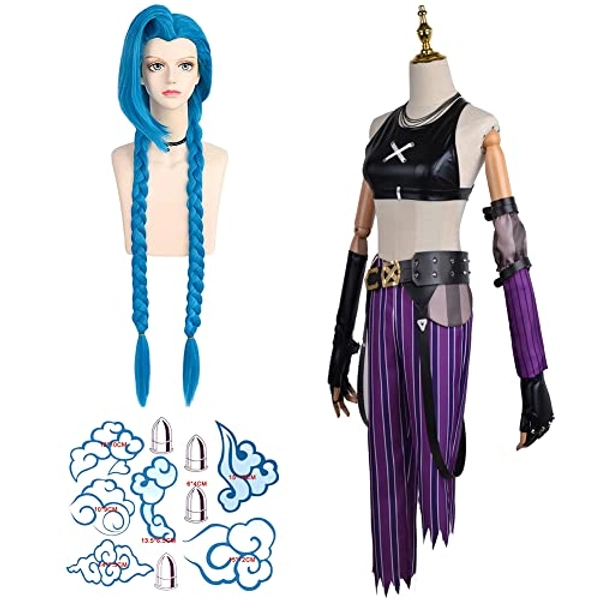 Full Set of Jinx Cosplay Outfit with Wig and Tatoo Sticker (S)