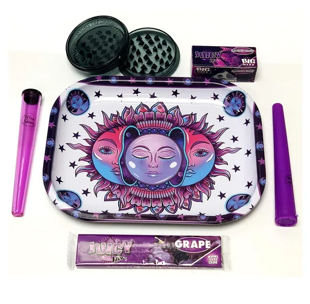 Wise Skies Hippy Purple Design Rolling Tray Set Rolling Papers Moon Sun Rolling Tray Set