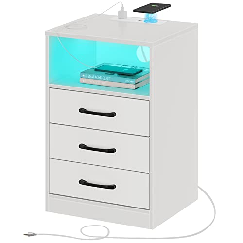 Seventable Nightstand with Wireless Charging Station and LED Lights, Modern End Side Table with 3 Drawers and Open Storage for Bedroom, White - White