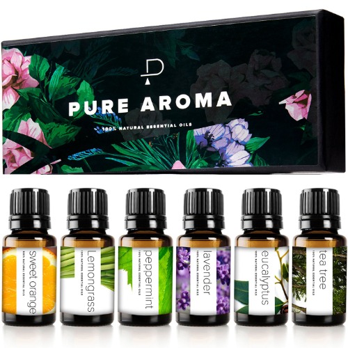 PURE AROMA Essential Oils by 100% Pure Therapeutic Grade Oils kit- Top 6 Aromatherapy Oils Gift Set-6 Pack, 10ML(Eucalyptus, Lavender, Lemon Grass, Orange, Peppermint, Tea Tree)