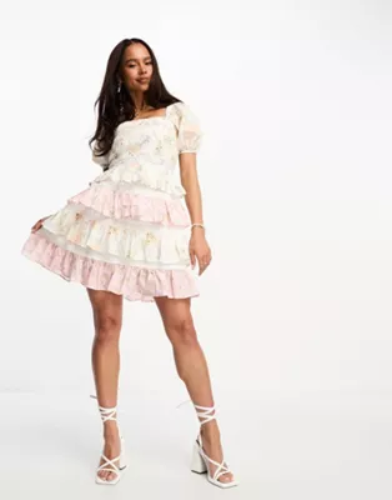 Miss Selfridge frill detail lace insert mini dress in mixed print