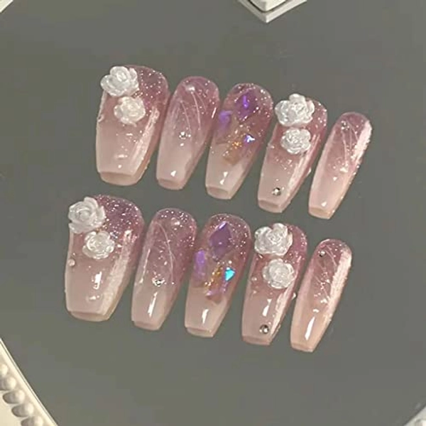 RikView Coffin Press on Nails Long Acrylic Nails with 3D Flowers Pink Fake Nails Glossy Nails for Women 24 PCS/Set