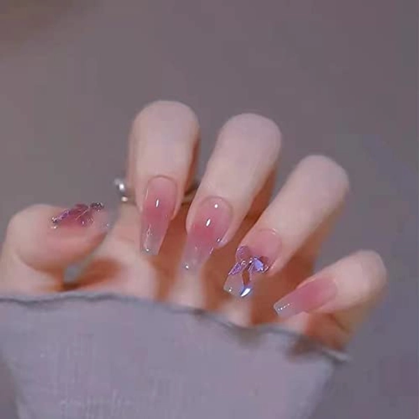 24 Pcs Coffin Press on Nails Long, Blush Crystal Bow Fake Nails Press on Nail False Tips Manicure for Women and Girls