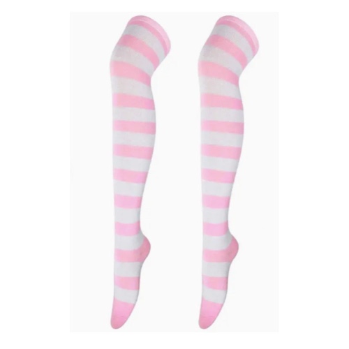 Striped Patterned Socks (Thigh High) Pink and White