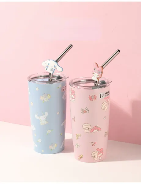 Authentic Sanrio x Miniso - Steel Water Bottle / Insulated Tumbler with Straw in My Melody and Cinnamoroll