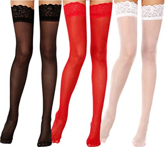 Lidogirl Lace Top Thigh High Stockings - Black+red+white,15d,3pairs - One Size