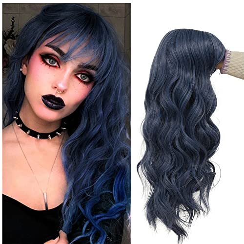 Tseses Blue Curly Wig with Bangs Long Women Wigs Wavy Blue Heat Resistant Synthetic Wigs for Women Daily Party Cosplay Halloween Use（Dark Blue） - Navy