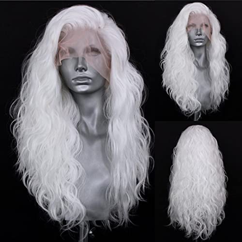 RDY 24inches White Lace Front Synthetic Wig Long Body Wave Hair Wig Heat Fiber Hair Natural Looking Long Wavy Lace Frontal Wigs for Women Half Hand Tied Wig Cosplay Daily Use Hair - 24 Inch/Lace Front Wig - White